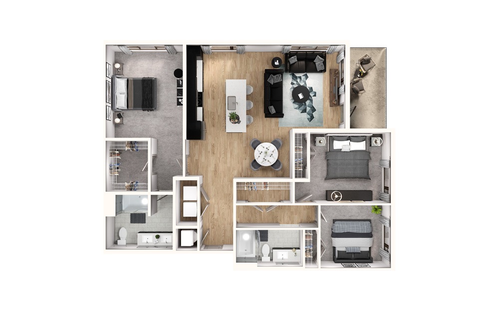 C1 3 Bed 2 Bath Floorplan